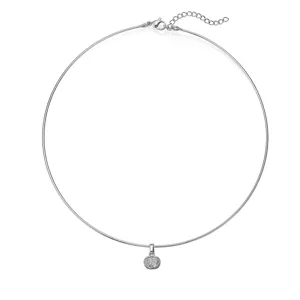 Detailed view of silver stainless steel choker necklace with round zircon pendant