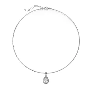 Detail view of silver stainless steel choker with a pear-shaped zircon pendant