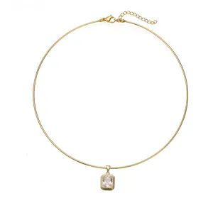 Detailed view of elegant gold stainless steel choker featuring an emerald-cut zircon pendant