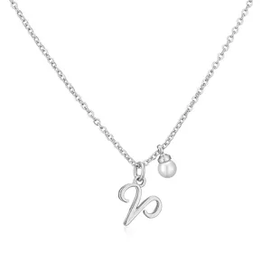 Close-up of silver Aries zodiac necklace with a single white pearl charm detail.