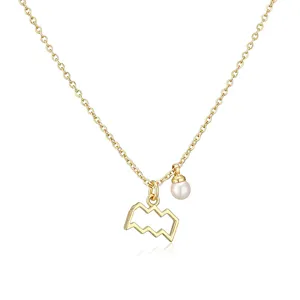 Close-up of Aquarius zodiac pendant necklace with elegant pearl charm in gold finish.