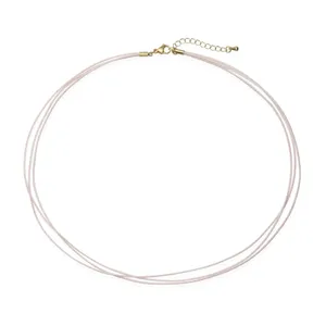 Close-up of three-layer light pink handmade woven choker with gold-tone metal clasp.