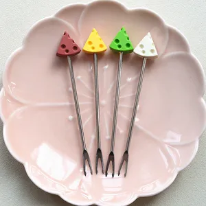 Stainless steel fruit forks featuring cute cheese shaped handles, set of four for desserts.