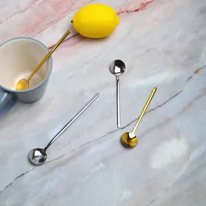 Stainless steel coffee spoon set, long handle round design, elegant tableware detail view.