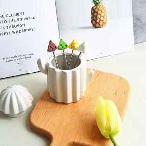 Creative cheese fruit forks set with ceramic holder, cute stainless steel dessert forks.