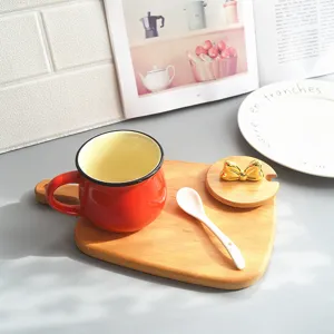 Korean style ceramic breakfast milk cup with wooden tray and cute bow lid detail setup.