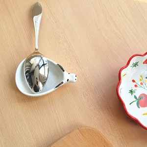 Japanese style cute cartoon ceramic animal sauce dish and spoon set for kitchen table.
