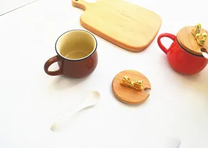 Ceramic seasoning jar milk breakfast cup with wooden lid spoon set kitchen tableware