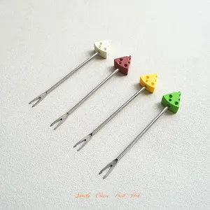 Creative cheese shaped stainless steel fruit forks set with colorful silicone handles for home.
