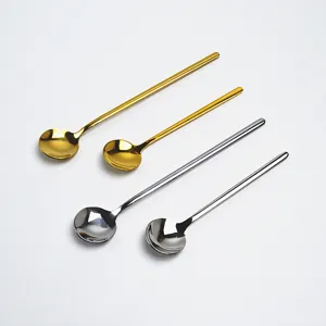 Stainless steel long handle coffee stirring spoon round set for daily kitchen use.