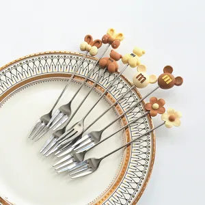 Cute stainless steel fruit forks set, kawaii cartoon silicone handle dessert cake forks for party.