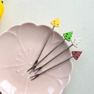 Stainless steel fruit forks with cute cheese shaped handles, portable dessert and cake forks.
