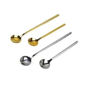 Set of 304 stainless steel long handle coffee stirring spoons in gold and silver colors.