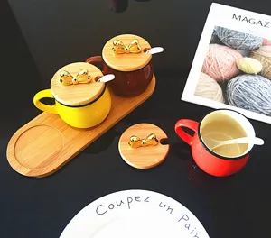 Korean style ceramic seasoning jar set with wooden lid, gold bow handle and tray for kitchen.