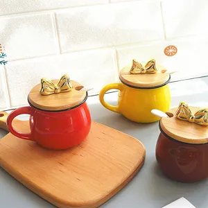 Cute Ceramic Seasoning Jar Breakfast Milk Cup With Wooden Lid And Gold Bowknot Handle Kitchen Storage Container