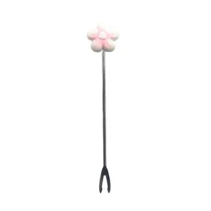 Cute stainless steel fruit fork with pink flower decoration for home and party use.