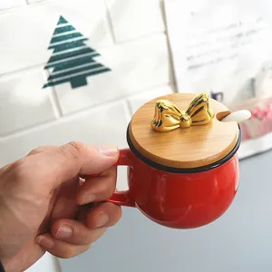 Korean style red ceramic mug with wooden lid and cute gold bow handle, breakfast milk coffee cup.