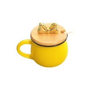 Korean style cute yellow ceramic mug with wooden lid gold bow and spoon for home kitchen breakfast