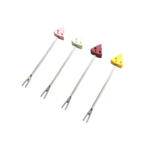Stainless steel cheese fruit forks with cute cartoon silicone handles, 4-piece set for cakes.