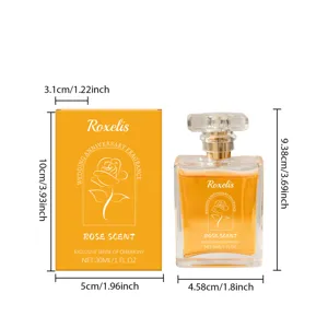 Rose scented perfume bottle detail with dimension specs, 30ml portable fragrance display.