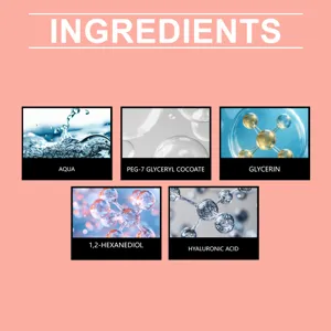 Zoom sur les ingrédients de formule douce du nettoyant pinceaux avec acide hyaluronique.