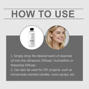 Détail des instructions d'utilisation d'huile essentielle parfumée pour diffuseur et maison.