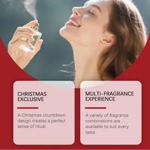 Donna che spruzza profumo di lusso da un set regalo calendario dell'Avvento Natale