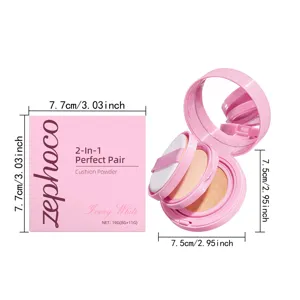 Dettaglio della cipria cushion Zephoco 2-in-1 bianco avorio con scatola e dimensioni