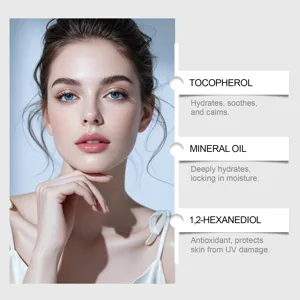 Modella per la cura della pelle mostra i benefici degli ingredienti del fondotinta cushion 2-in-1