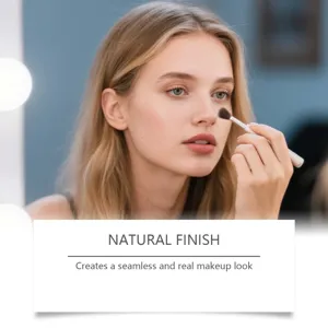 Detail view of makeup brush in use, creating natural seamless look for daily makeup.