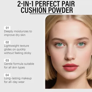 Dettaglio della cipria cushion 2-in-1 che mostra trucco liscio sul viso