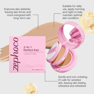 Dettaglio del cushion in polvere rosa 2-in-1 zephoco con texture idratante fine