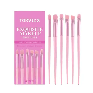 Pink makeup brush set with 6 soft synthetic brushes and matching storage box for daily use.