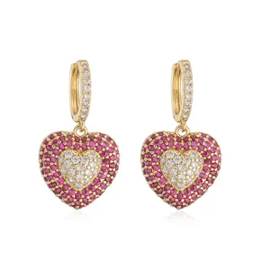Exquisite gold-toned heart earrings with pink and white crystals in a pave setting