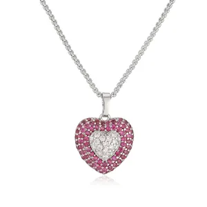 Detailed view of a silver double-layered heart necklace with pink and clear crystals.