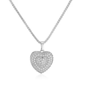 Detailed close-up view of a double-layered heart pendant with sparkling crystals