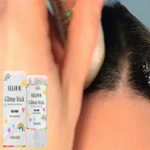 Silver cosmetic glitter stick macro view showing application on hair and body surfaces