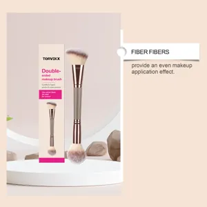 Detailed view of the TORVIKX double-ended makeup brush showcasing soft fiber bristles and its box