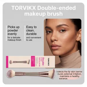 Professional TORVIKX double-ended makeup brush with soft bristles and retail packaging box.