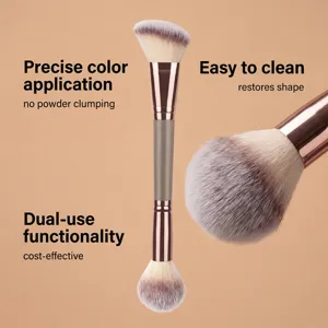 Detail view of a dual-ended makeup brush with soft bristles and rose gold ferrule
