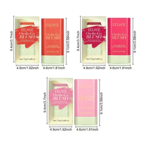 Λεπτομερείς διαστάσεις των EELHOE On-the-Go blush sticks και συσκευασίας σε τρεις σκιές