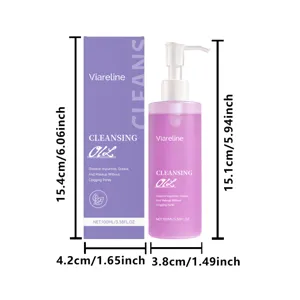 Detailed dimension markings for Viareline 100ml cleansing oil and its packaging box