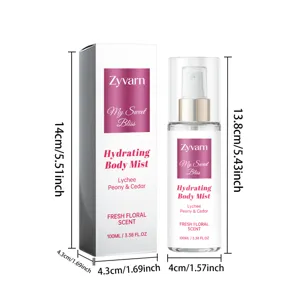 Detaillierte Maße der Zyvarn 100ml Hydrating Body Mist Sprühflasche und der Verpackung