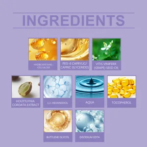 Detailed ingredient breakdown for cleansing oil including grape seed oil and tocopherol.