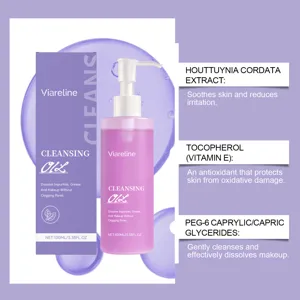 Detail view of Viareline Cleansing Oil with ingredient highlights on a purple background.