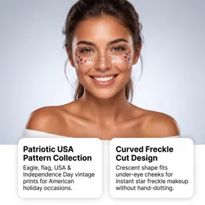 Patriotic USA star freckle face tattoo stickers applied to model's face for party.