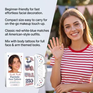 Patriotic face tattoo stickers featuring American flag and star designs for festive makeup