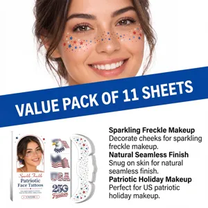 Detailed macro view of sparkling patriotic face tattoos with US flag and star-shaped designs