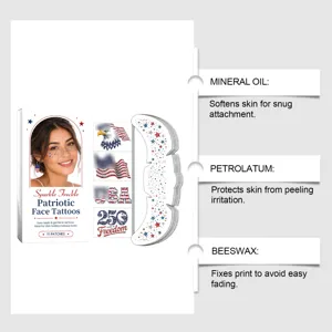 Patriotic face tattoos detail highlighting mineral oil and beeswax skin-safe ingredients