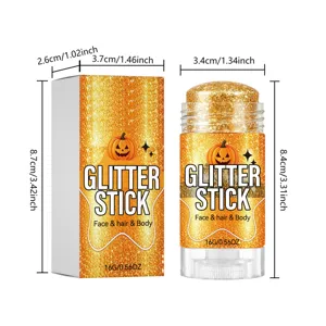 Detailweergave van de gouden glitterstick met productafmetingen in centimeters en inches.